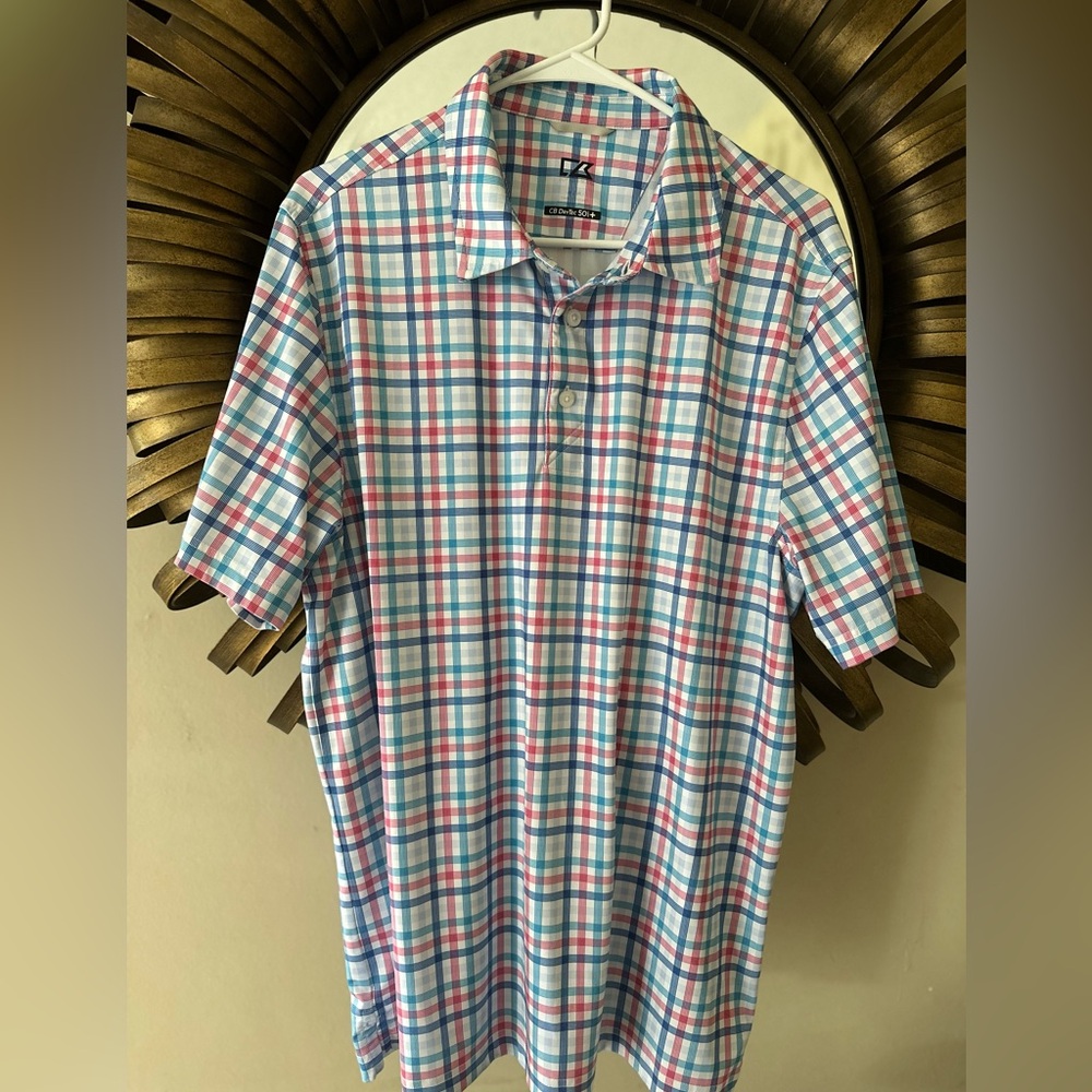 Cutter & Buck red white & blue plaid golf button down shirt